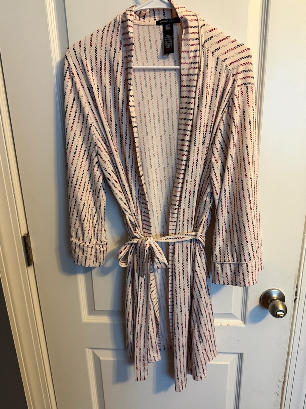 Nanette Lepore Belted Robe Cream Burgundy Navy Dotted Stripe Self Tie Belt M